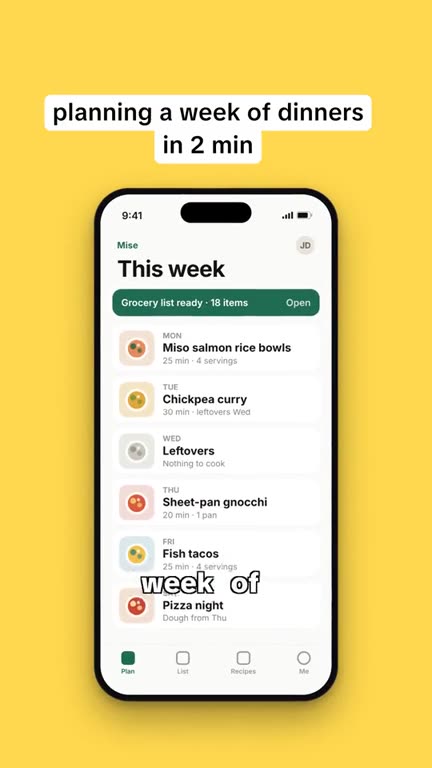 Frame from the app demo template: a phone showing a grocery list app on a yellow background