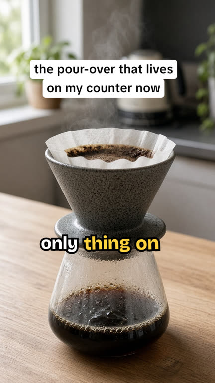 Frame from the product showcase template: a stoneware coffee dripper with a caption